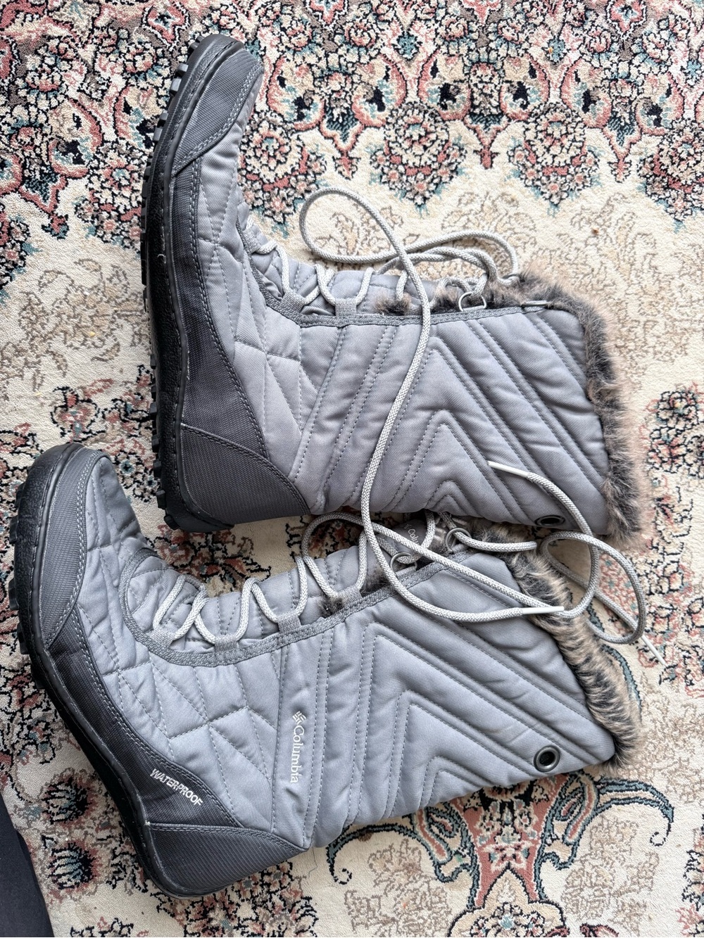 Columbia Gray Quilted Waterproof Winter Boots with Faux Fur Trim